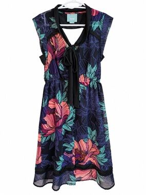 Maeve Anthropologie Black Floral Tie Neck Midi Dress Women Size XS